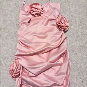 Elegant Pink Satin Dress with Floral Accents